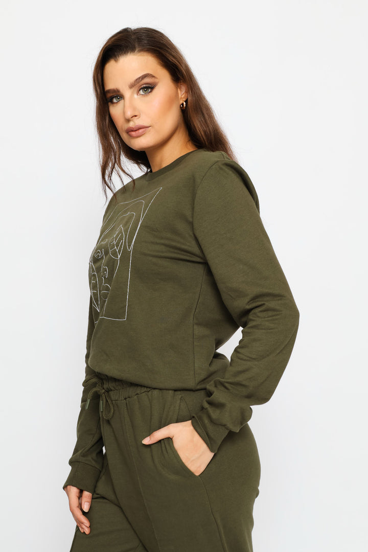 Long Sleeve Embroidered Face Outline Pullover - Dark Fatigue