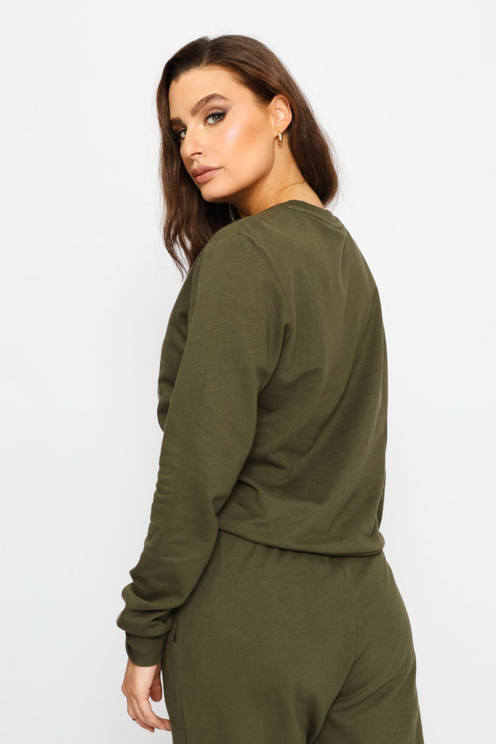 Long Sleeve Embroidered Face Outline Pullover - Dark Fatigue