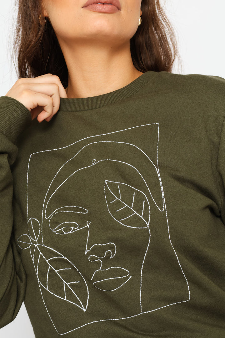 Long Sleeve Embroidered Face Outline Pullover - Dark Fatigue