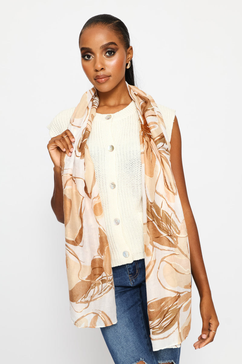 Foil Floral Print Light Weight Scarf - Brown