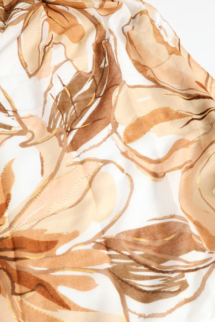 Foil Floral Print Light Weight Scarf - Brown