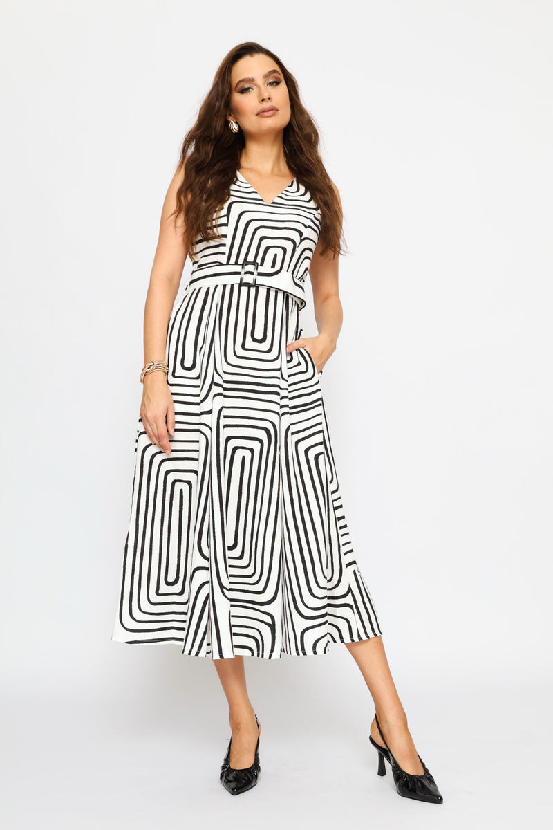 V-Neck Belted Fit and Flare Tea Midi Dress - White/Black
