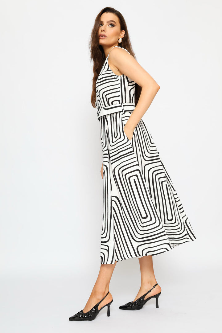 V-Neck Belted Fit and Flare Tea Midi Dress - White/Black