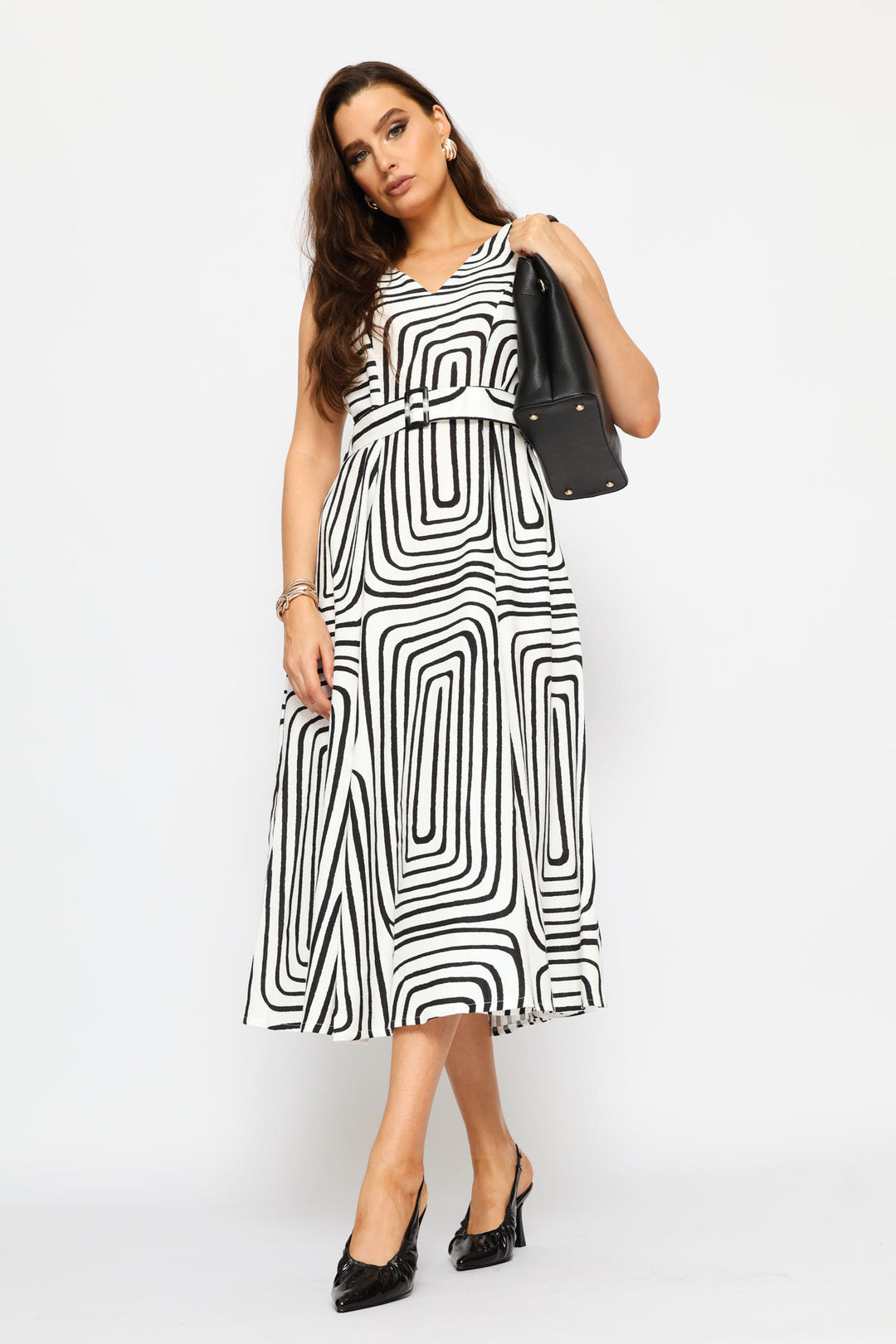 V-Neck Belted Fit and Flare Tea Midi Dress - White/Black