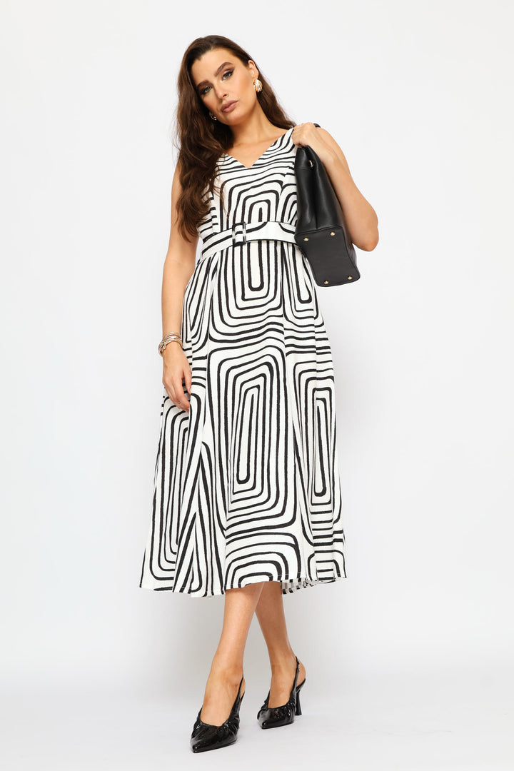 V-Neck Belted Fit and Flare Tea Midi Dress - White/Black