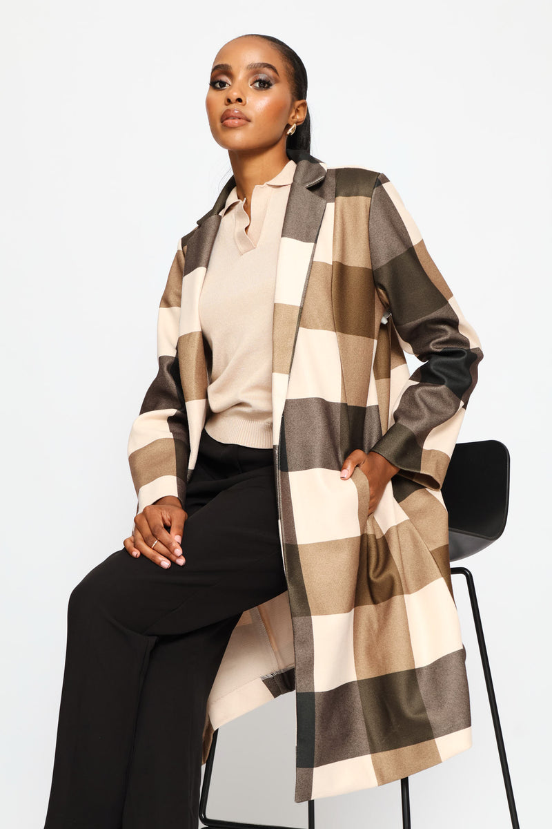 Basic Panelled Pocket Plaid Coat - Brown