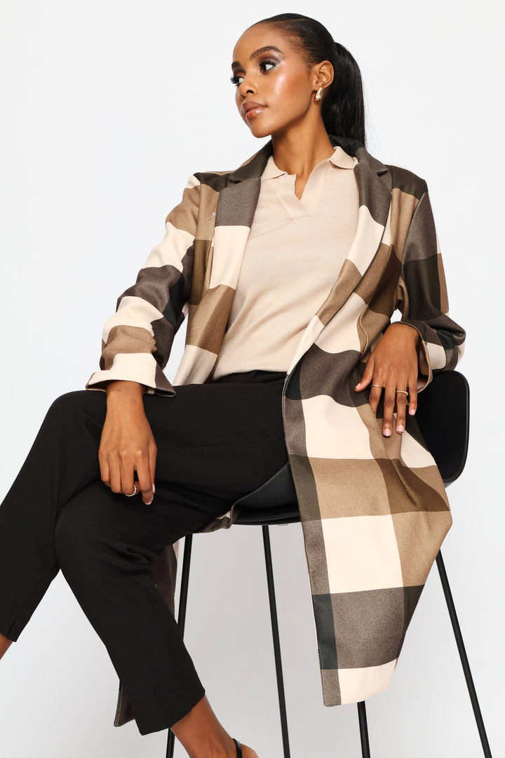 Basic Panelled Pocket Plaid Coat - Brown