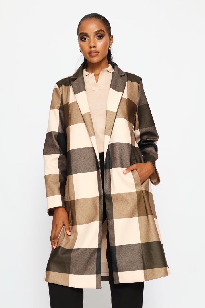 Basic Panelled Pocket Plaid Coat - Brown