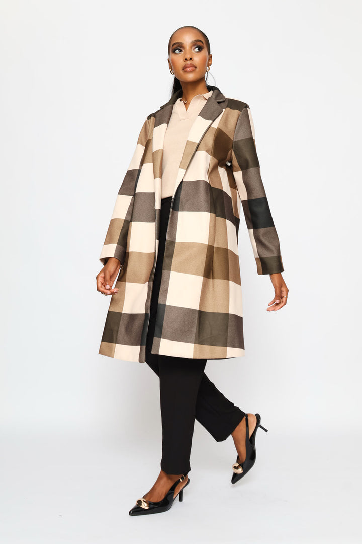 Basic Panelled Pocket Plaid Coat - Brown