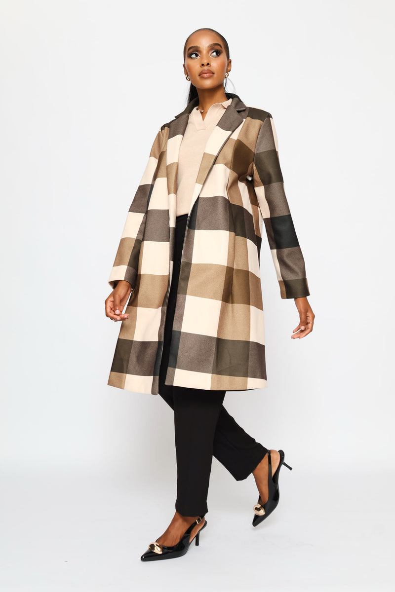 Basic Panelled Pocket Plaid Coat - Brown