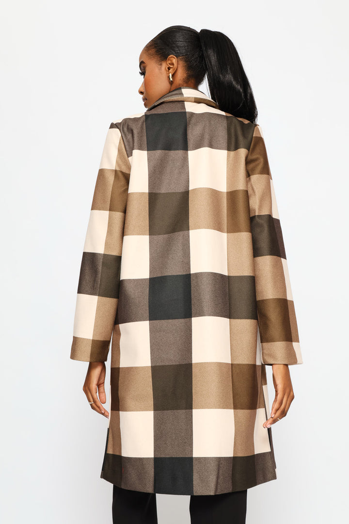 Basic Panelled Pocket Plaid Coat - Brown