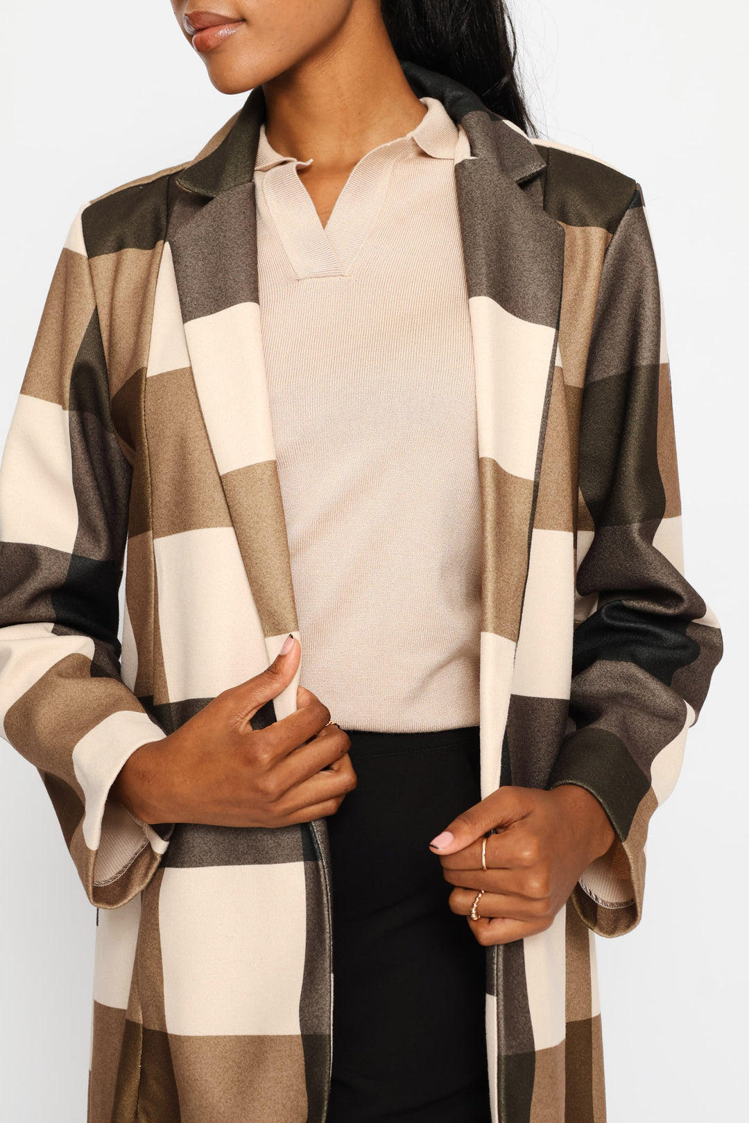 Basic Panelled Pocket Plaid Coat - Brown