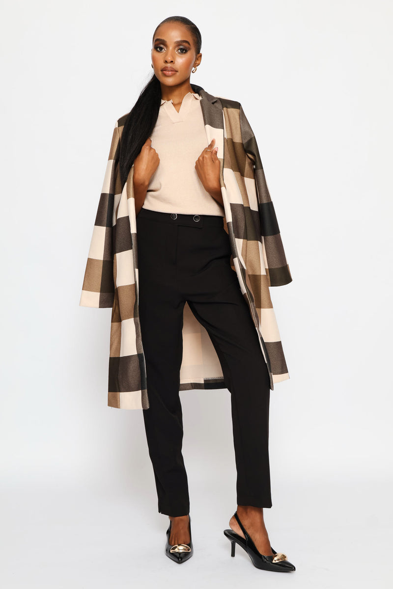 Basic Panelled Pocket Plaid Coat - Brown
