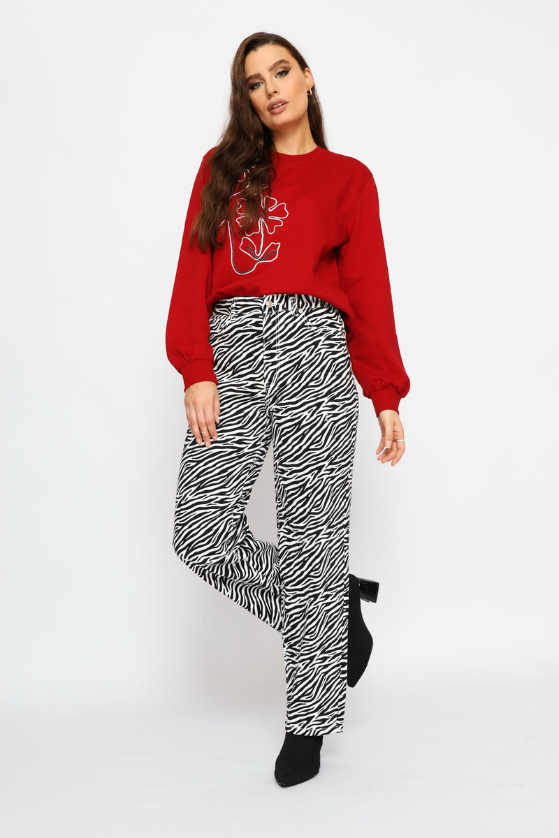 Hi-Rise Zebra Print Straight Leg Denim - Black/White