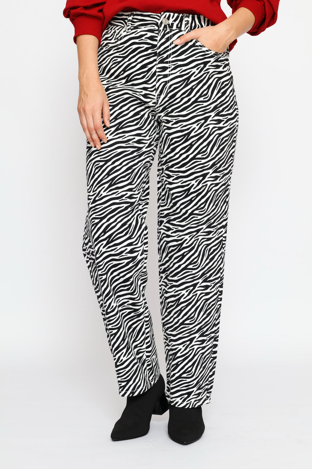Hi-Rise Zebra Print Straight Leg Denim - Black/White