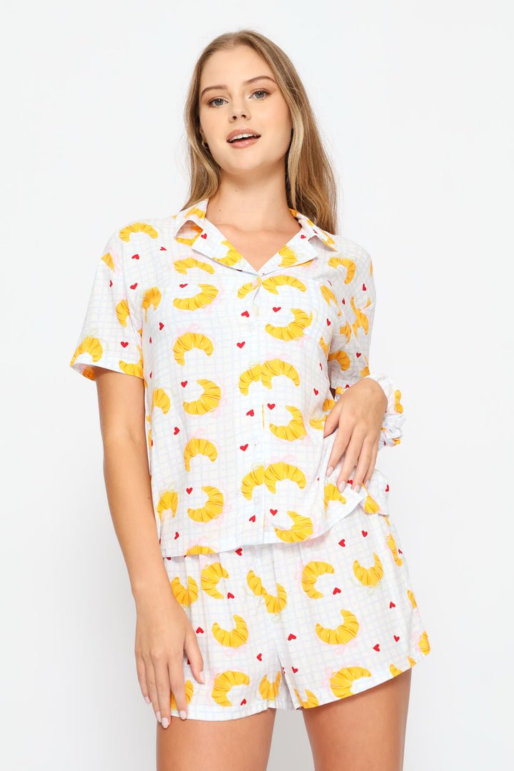 Croissant Print Button Through & Check Short Viscose Set - White/Blue