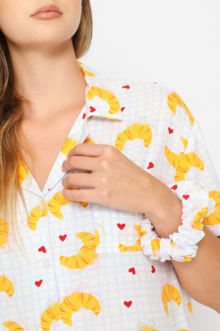 Croissant Print Button Through & Check Short Viscose Set - White/Blue