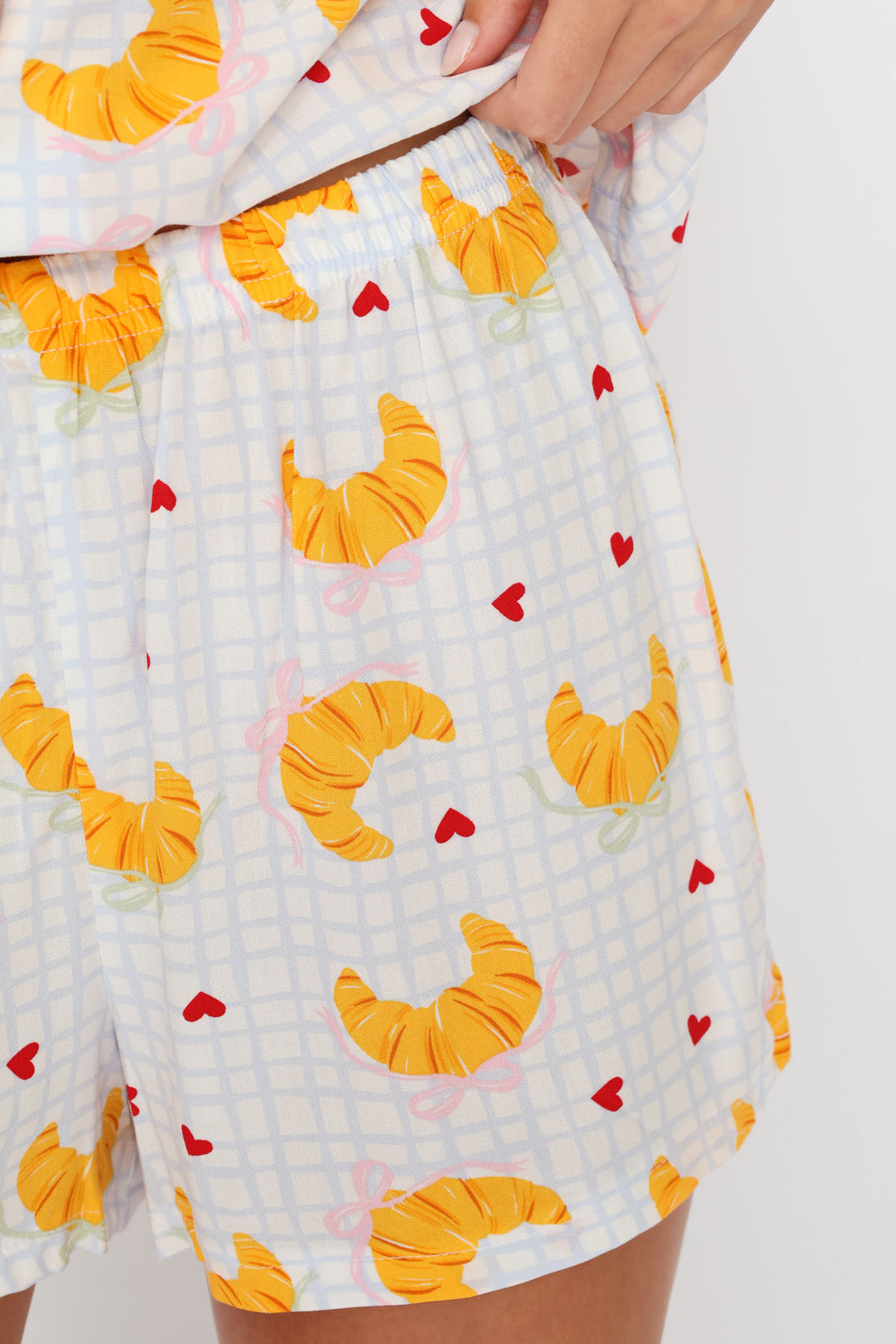 Croissant Print Button Through & Check Short Viscose Set - White/Blue