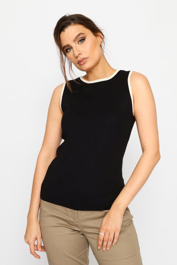 Crew Neck Contrast Pullover - Black/Cream