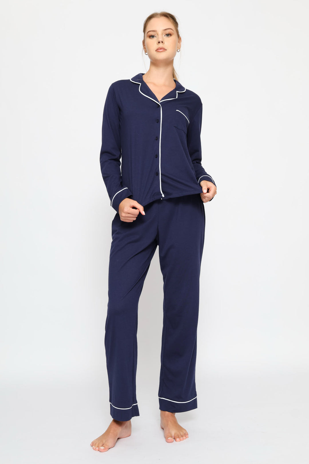 Long Sleeve Button Thorugh & Knit Pant Set With Scrunchie - Navy