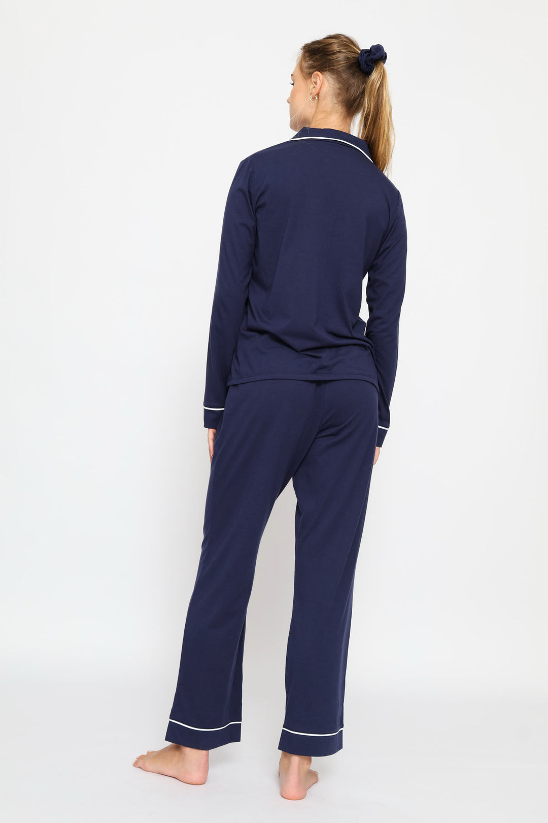 Long Sleeve Button Thorugh & Knit Pant Set With Scrunchie - Navy