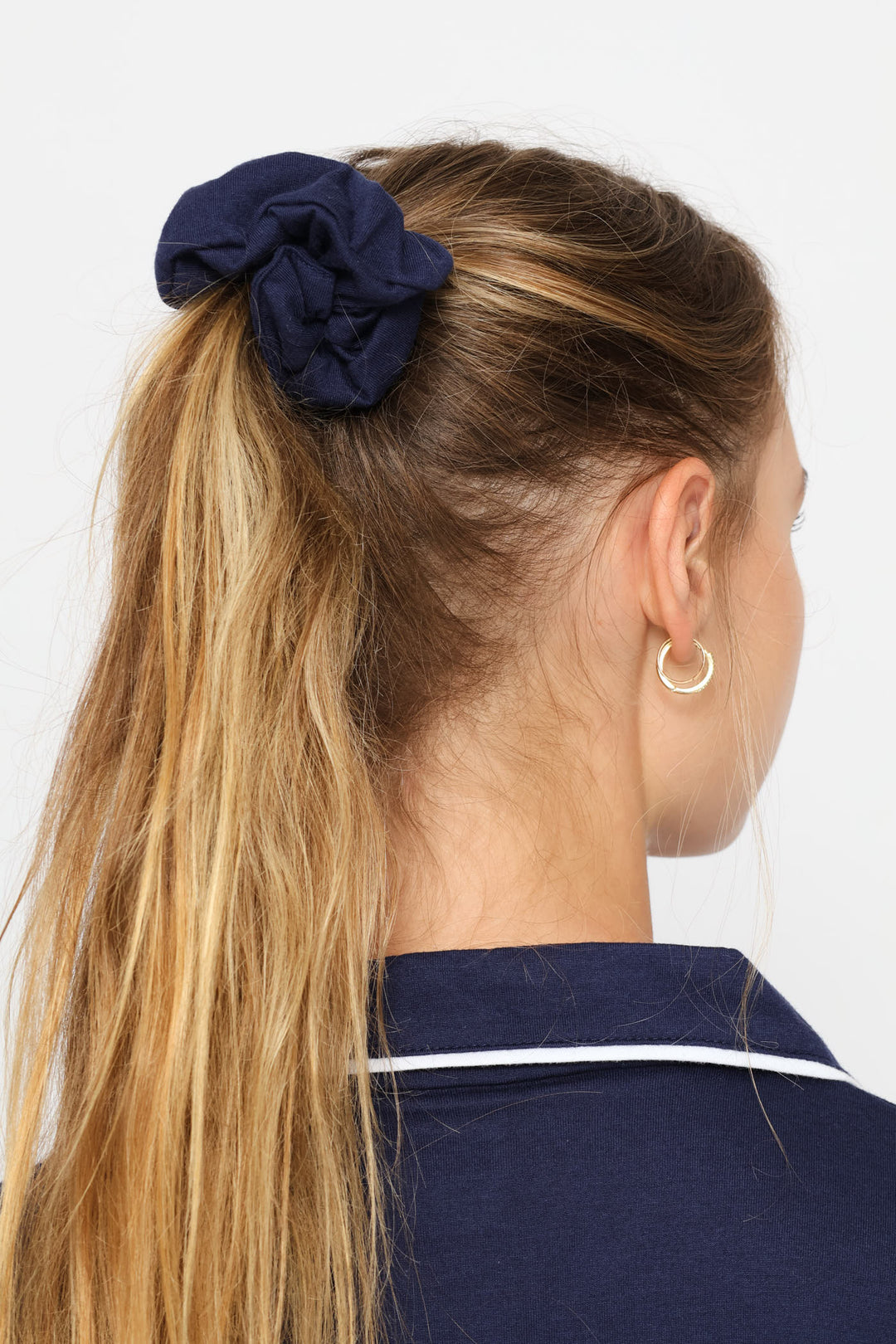 Long Sleeve Button Thorugh & Knit Pant Set With Scrunchie - Navy