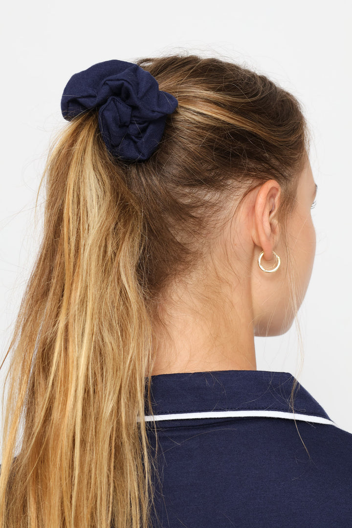 Long Sleeve Button Thorugh & Knit Pant Set With Scrunchie - Navy