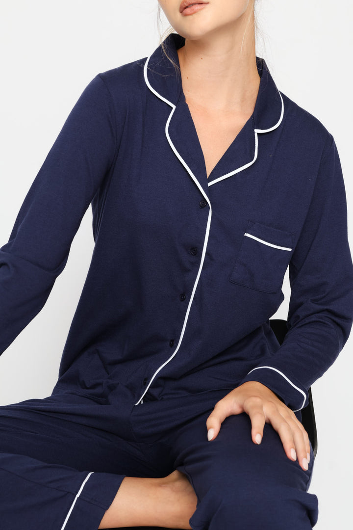 Long Sleeve Button Thorugh & Knit Pant Set With Scrunchie - Navy