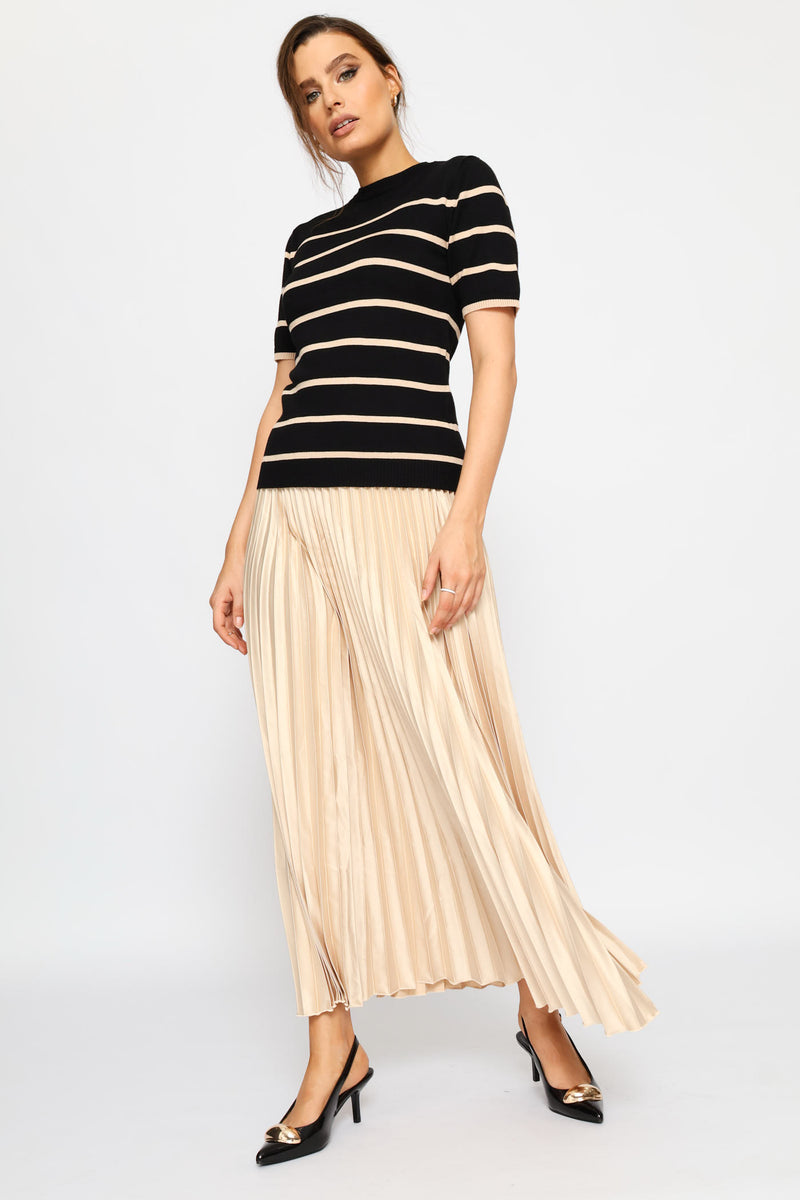 Hi Neck Short Sleeve Striped Pullover - Stone