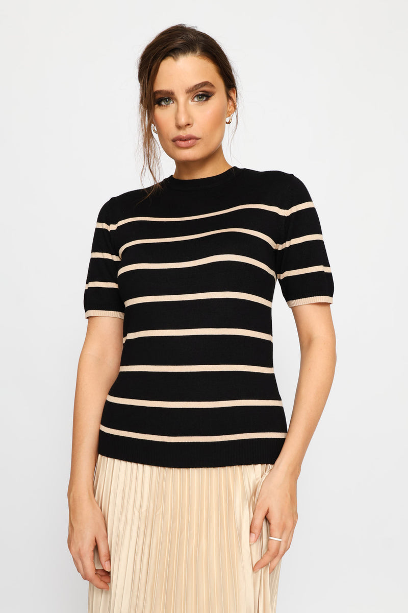 Hi Neck Short Sleeve Striped Pullover - Stone