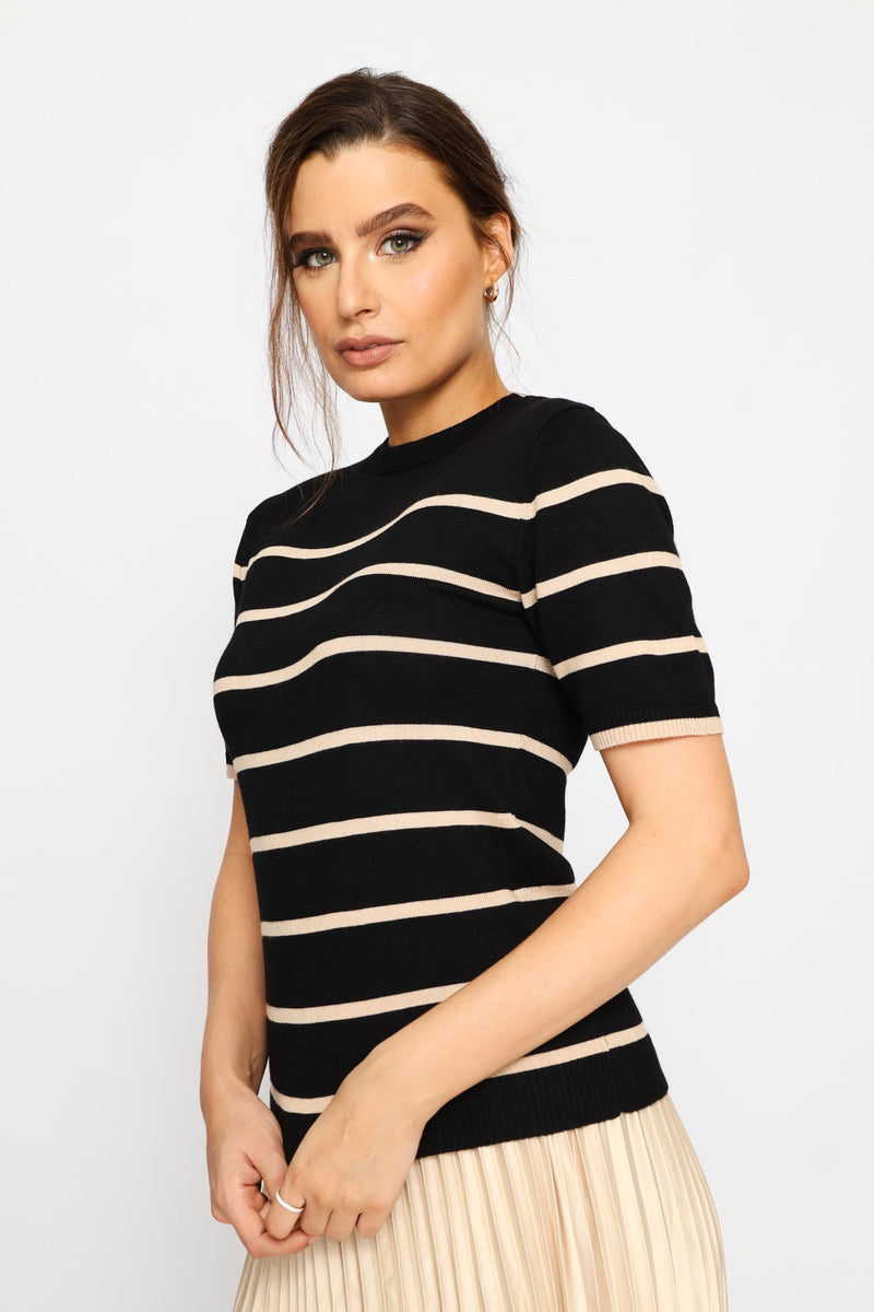 Hi Neck Short Sleeve Striped Pullover - Stone