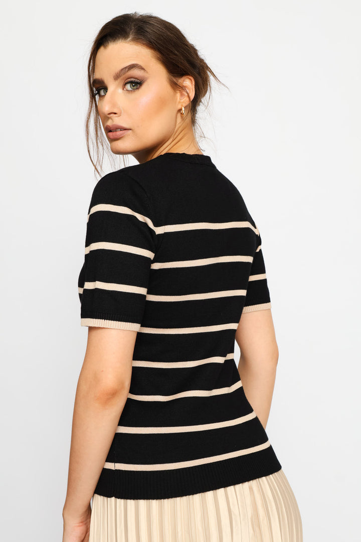 Hi Neck Short Sleeve Striped Pullover - Stone