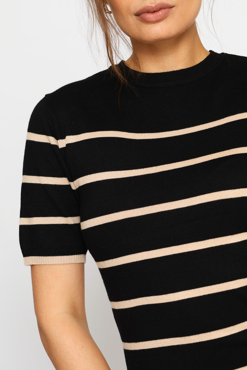 Hi Neck Short Sleeve Striped Pullover - Stone