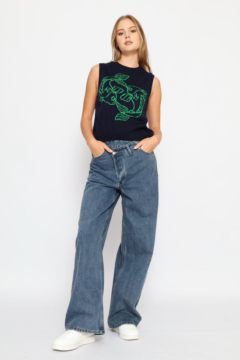 Asymetrical Waistband Wide Leg Denim - Dark Ink
