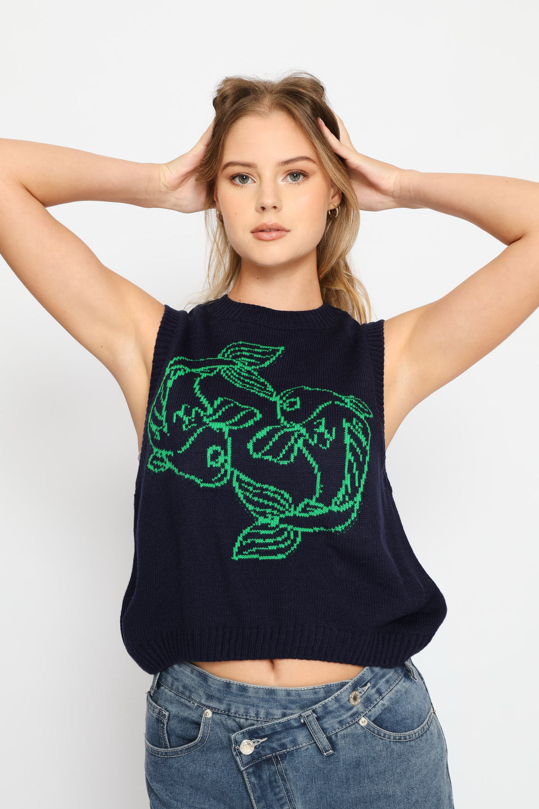 Koi Fish Knit Vest - Navy