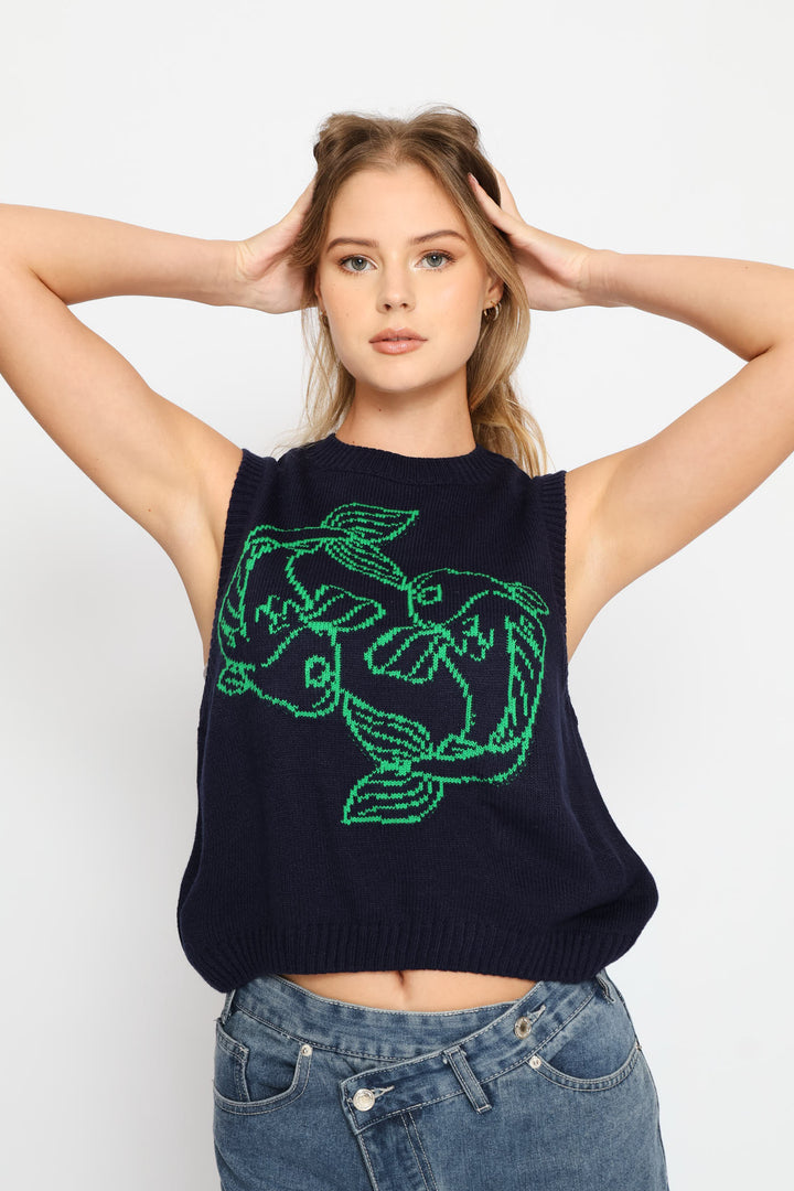 Koi Fish Knit Vest - Navy