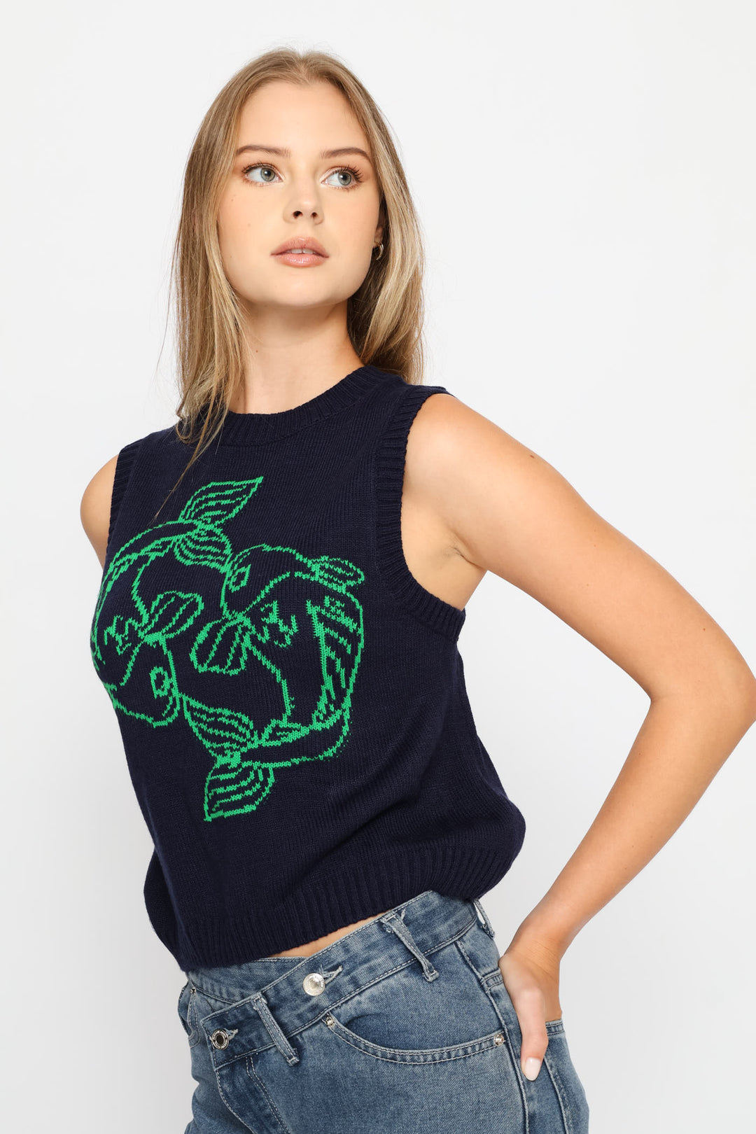 Koi Fish Knit Vest - Navy