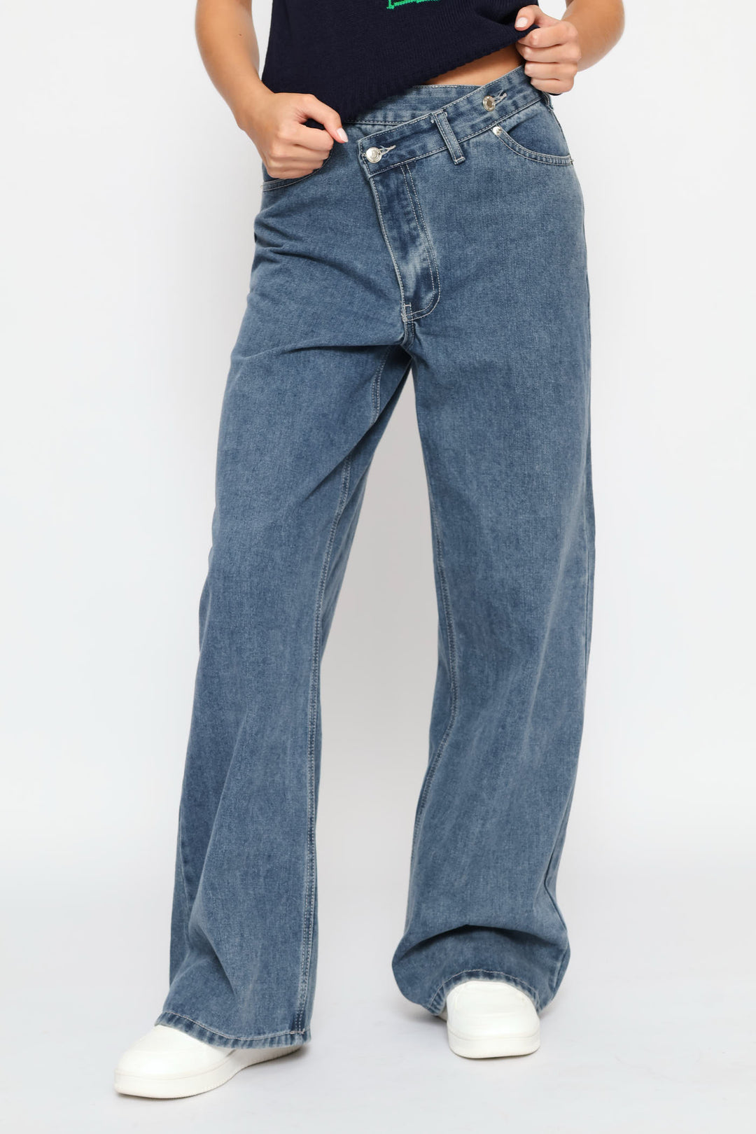 Asymetrical Waistband Wide Leg Denim - Dark Ink