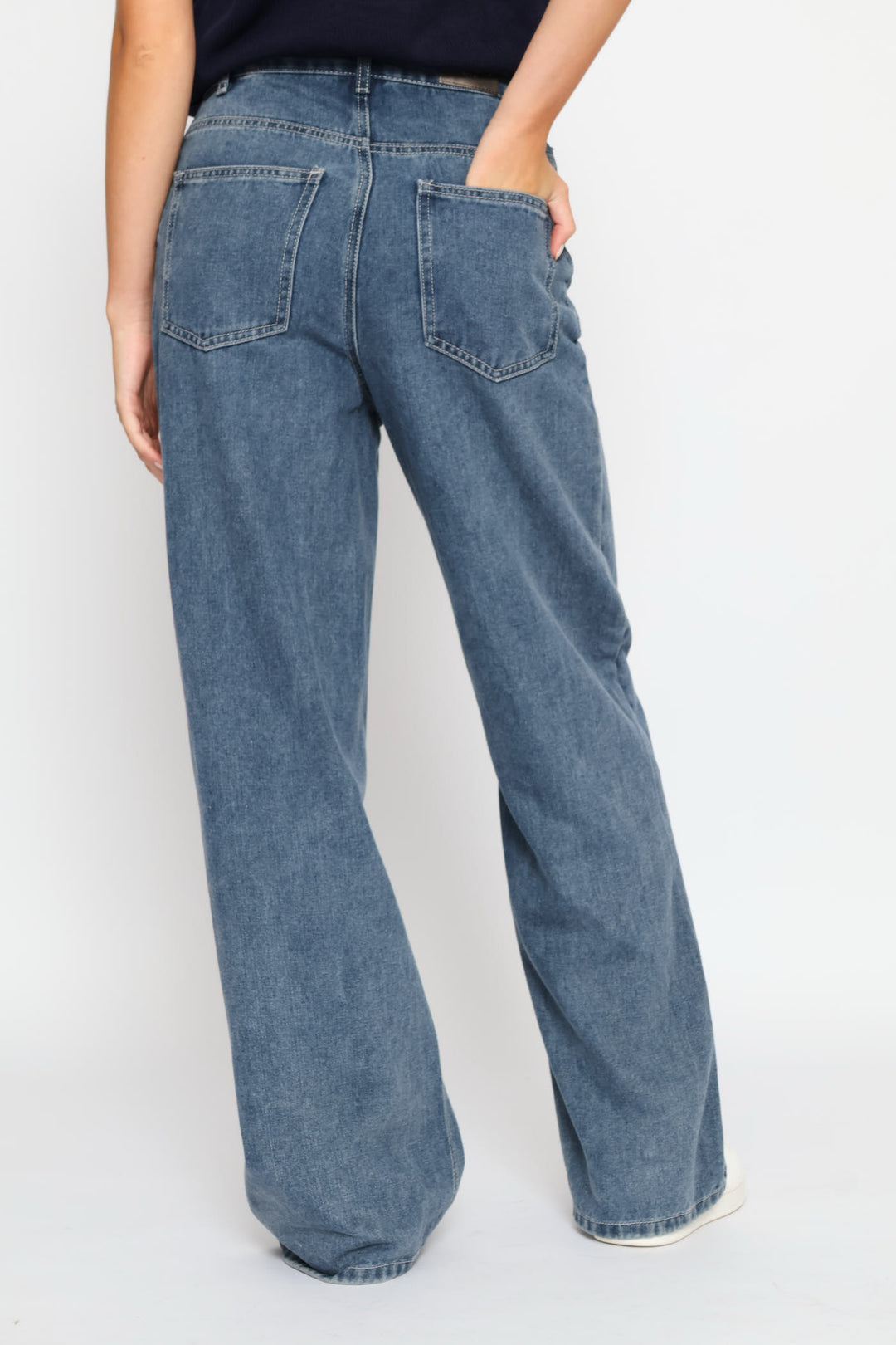 Asymetrical Waistband Wide Leg Denim - Dark Ink