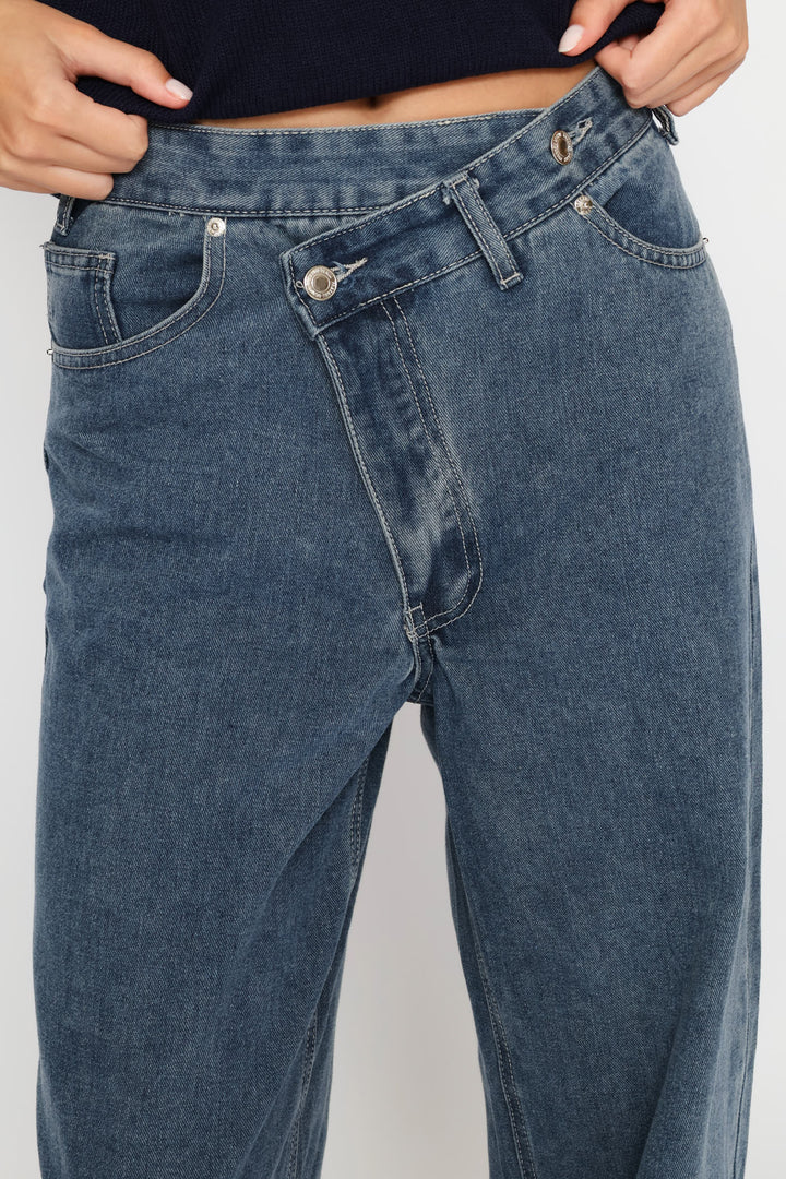 Asymetrical Waistband Wide Leg Denim - Dark Ink