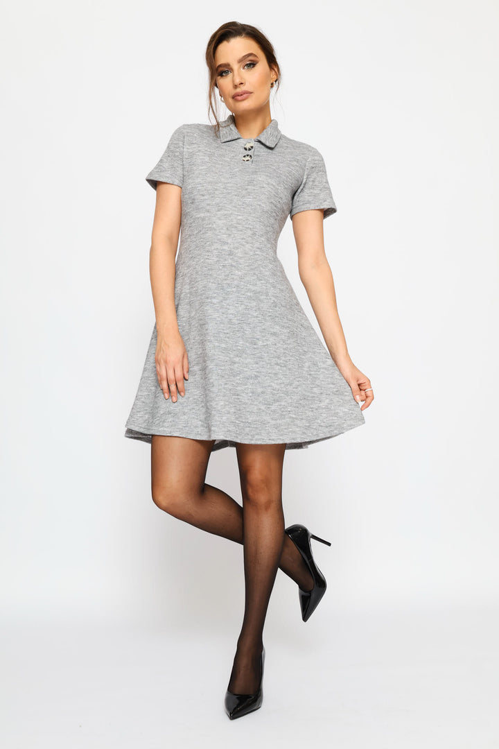 Collared Cut & Sew Skater Mini Dress - Grey Melange