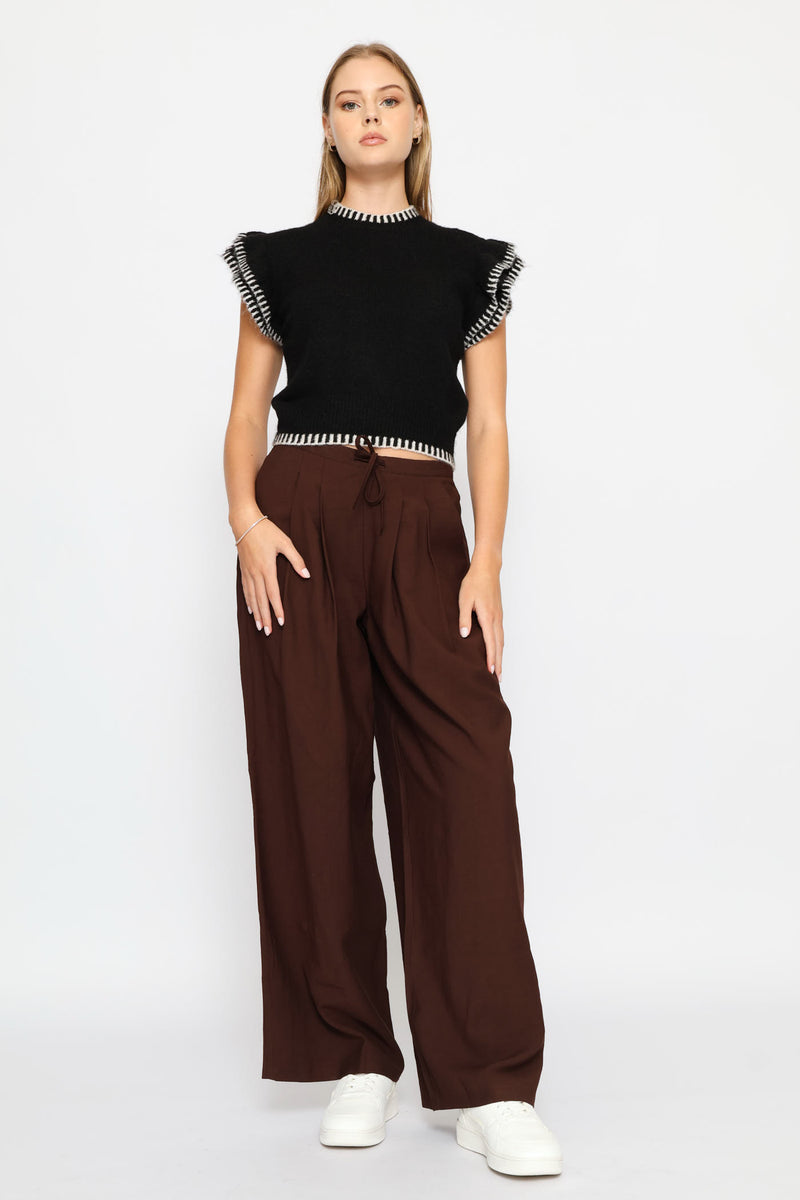 Tie Front Pleated Wide Leg Pants - Chocolate