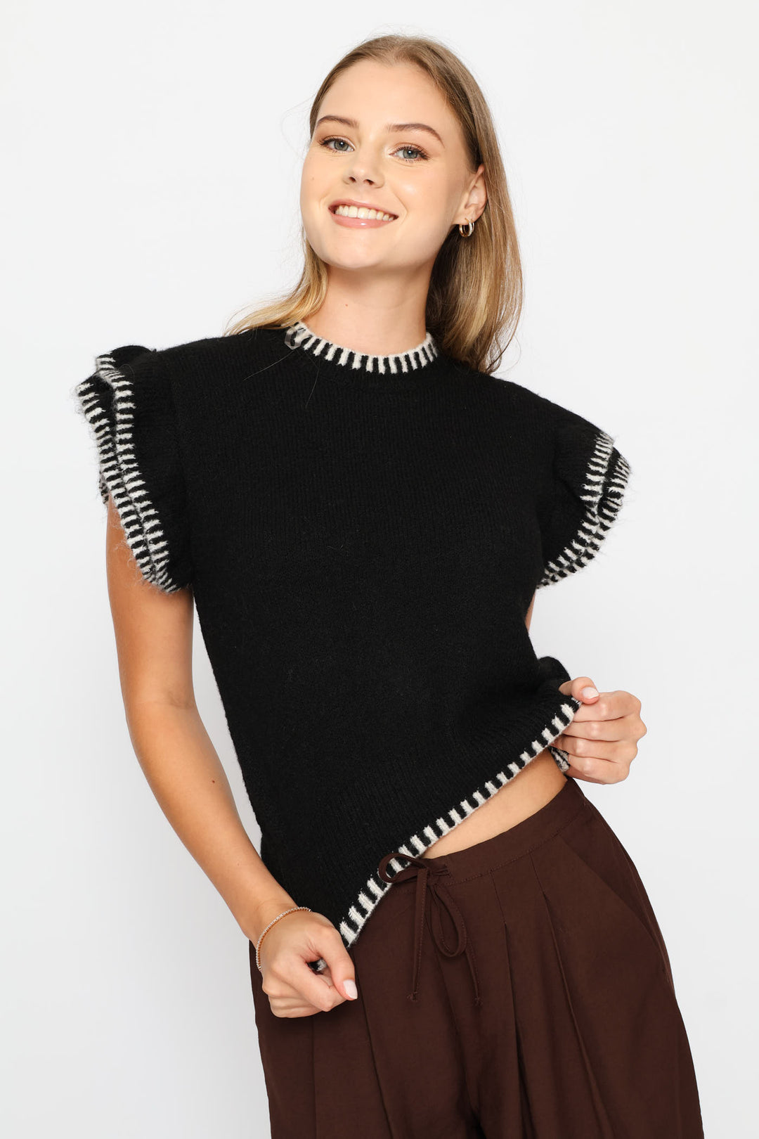 Frill Sleeve Knit Top - Black