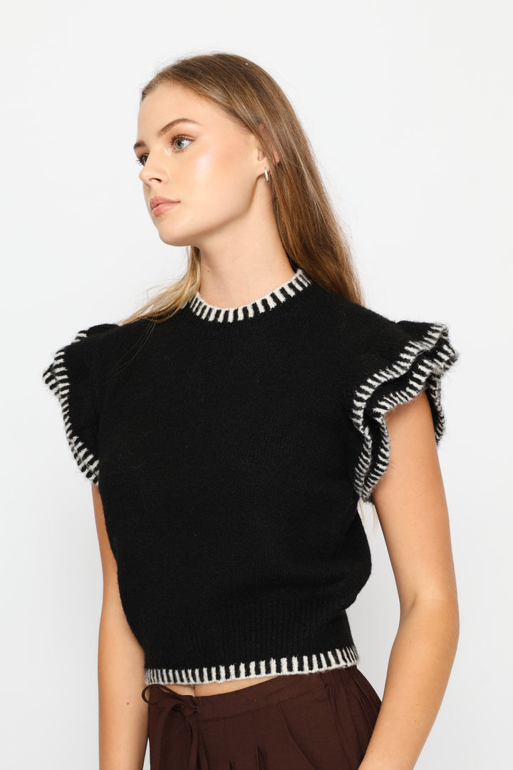 Frill Sleeve Knit Top - Black