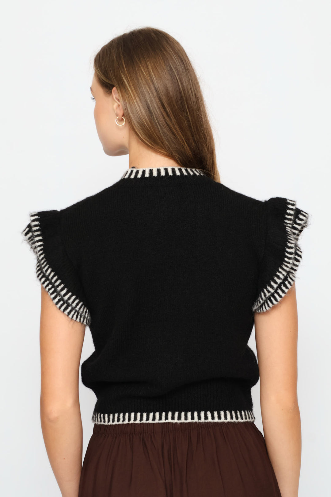 Frill Sleeve Knit Top - Black