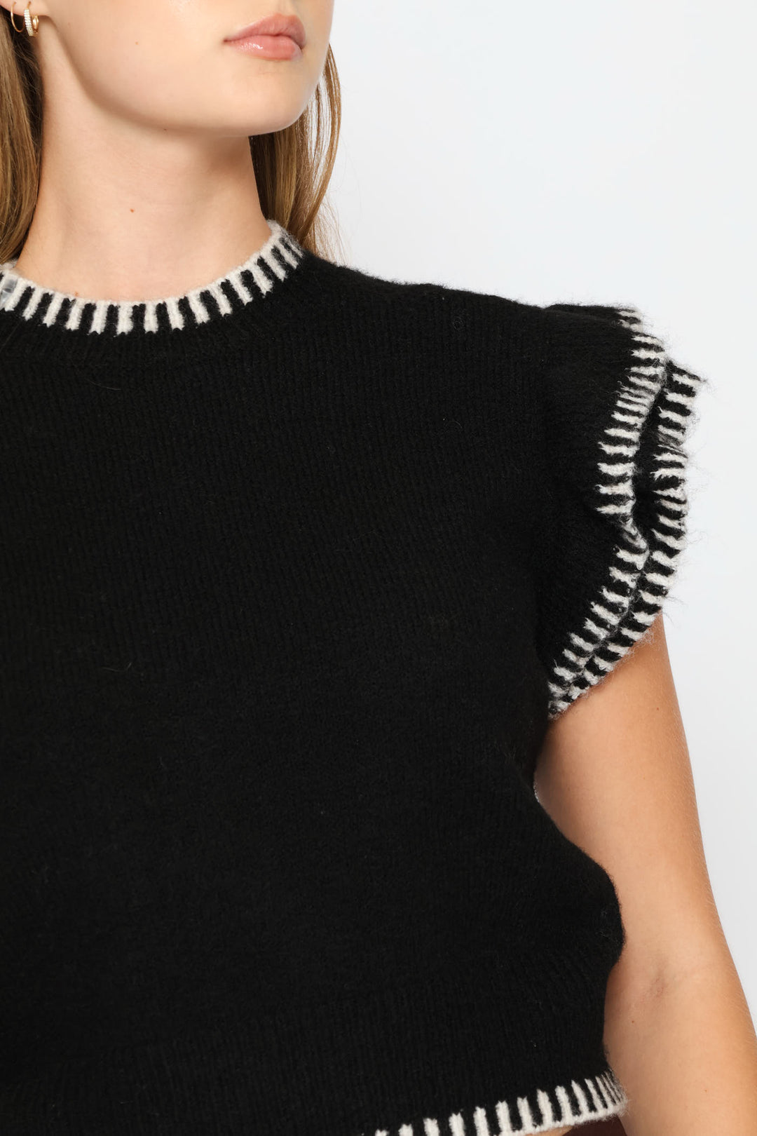 Frill Sleeve Knit Top - Black