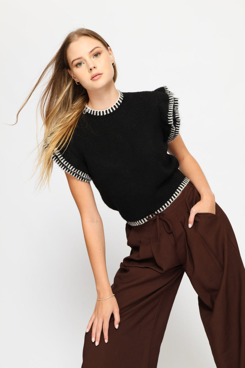 Frill Sleeve Knit Top - Black