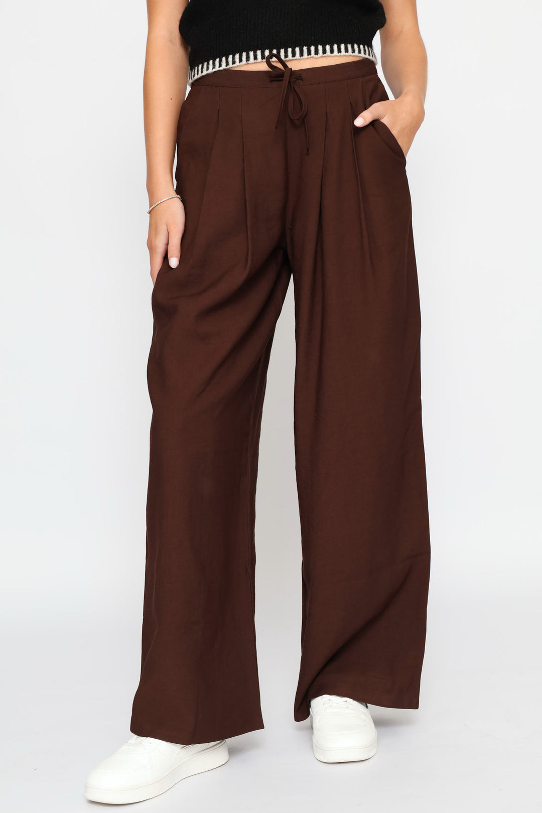 Tie Front Pleated Wide Leg Pants - Chocolate