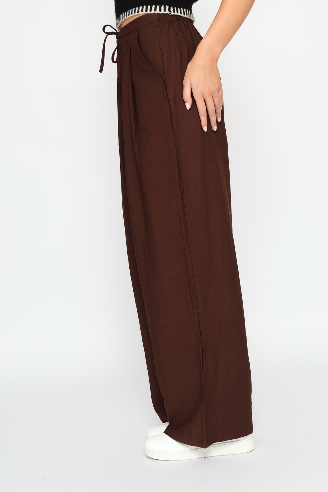 Tie Front Pleated Wide Leg Pants - Chocolate