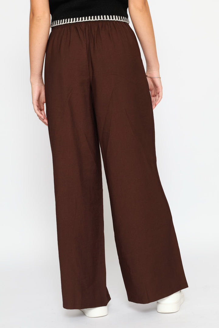 Tie Front Pleated Wide Leg Pants - Chocolate